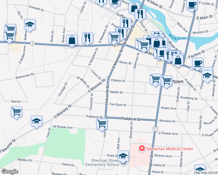 map of restaurants, bars, coffee shops, grocery stores, and more near 303 Clinton Street in Watertown