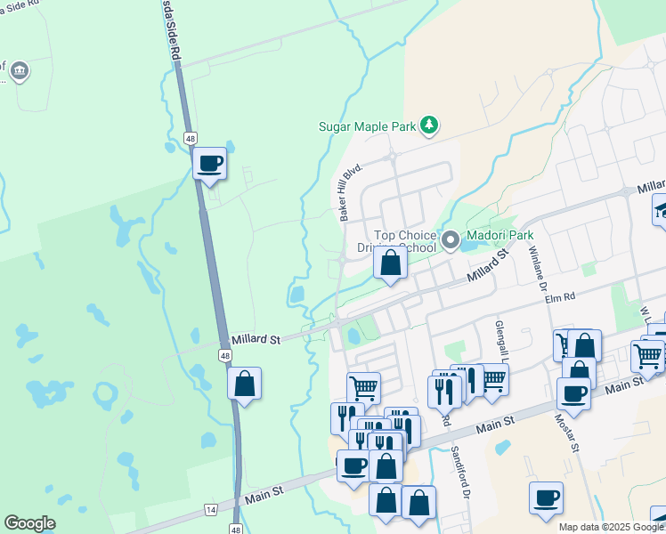 map of restaurants, bars, coffee shops, grocery stores, and more near in Whitchurch-Stouffville