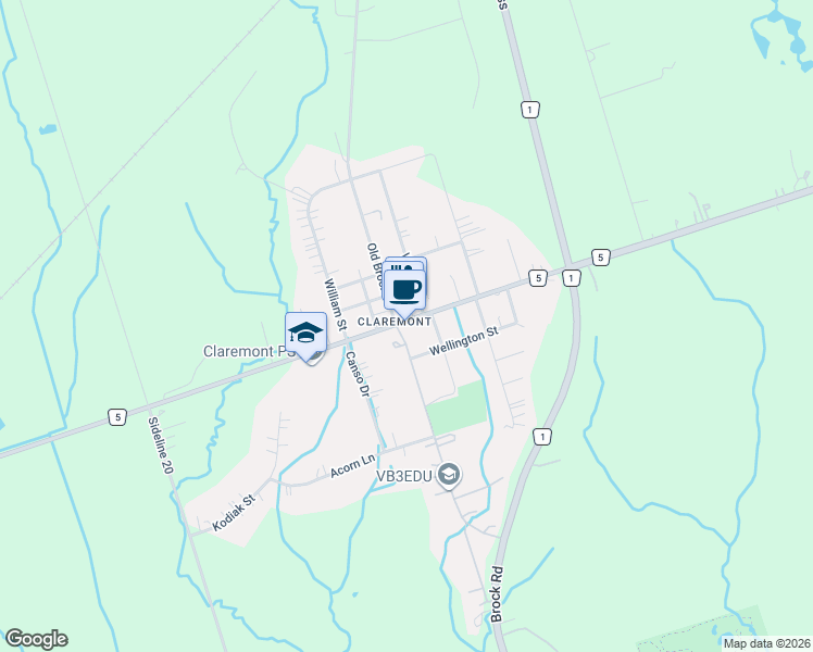 map of restaurants, bars, coffee shops, grocery stores, and more near 1703 Central Street in Pickering