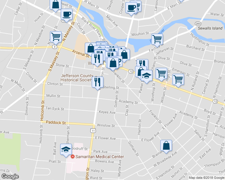 map of restaurants, bars, coffee shops, grocery stores, and more near 156 Sterling Street in Watertown