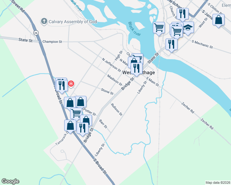 map of restaurants, bars, coffee shops, grocery stores, and more near 36 Bridge Street in Carthage