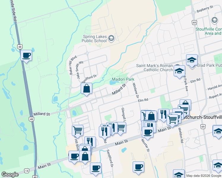map of restaurants, bars, coffee shops, grocery stores, and more near 13 Eastwind Drive in Whitchurch-Stouffville