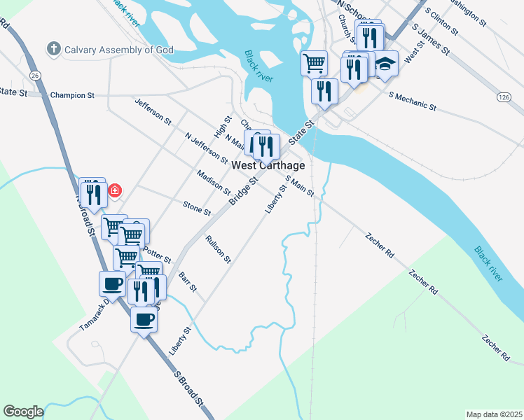 map of restaurants, bars, coffee shops, grocery stores, and more near 14 Liberty Street in Carthage