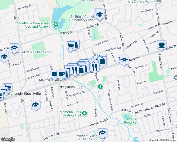 map of restaurants, bars, coffee shops, grocery stores, and more near 6336 Main Street in Whitchurch-Stouffville