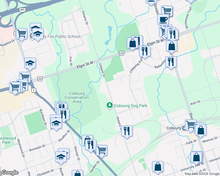 map of restaurants, bars, coffee shops, grocery stores, and more near 846 Ontario Street in Cobourg