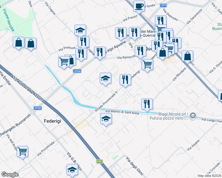 map of restaurants, bars, coffee shops, grocery stores, and more near 834 Via Federigi in Querceta