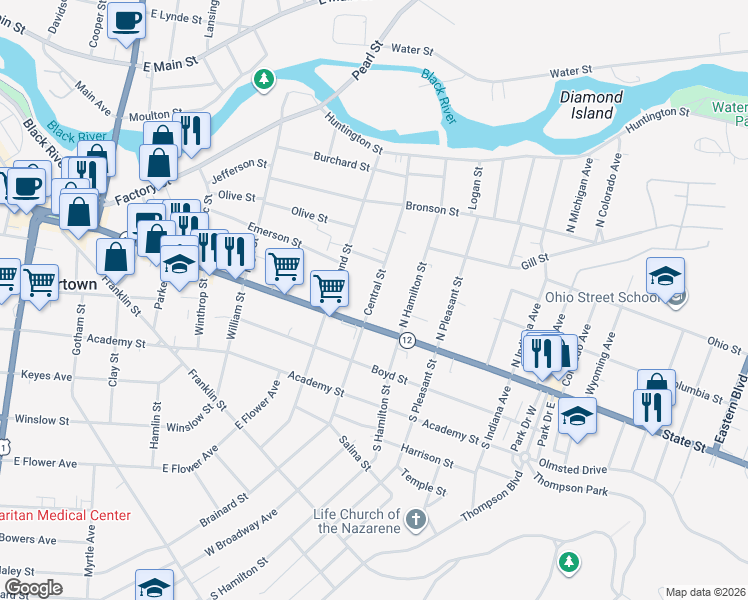map of restaurants, bars, coffee shops, grocery stores, and more near 136 Central Street in Watertown