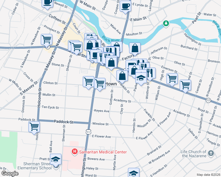 map of restaurants, bars, coffee shops, grocery stores, and more near in Watertown