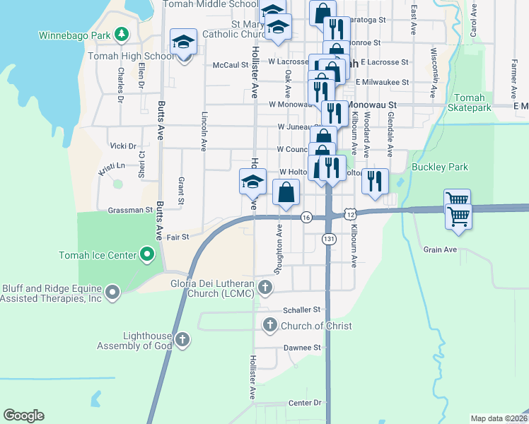 map of restaurants, bars, coffee shops, grocery stores, and more near 316 West Cameron Street in Tomah