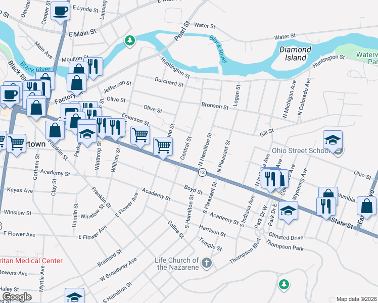 map of restaurants, bars, coffee shops, grocery stores, and more near 136 Central Street in Watertown