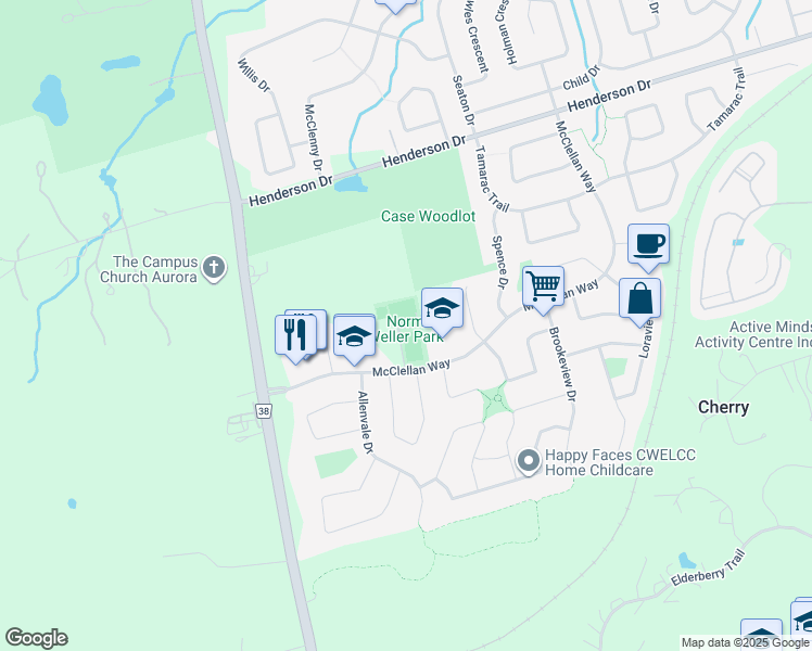 map of restaurants, bars, coffee shops, grocery stores, and more near 250 McClellan Way in Aurora