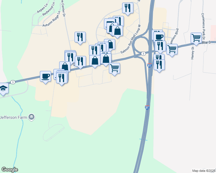 map of restaurants, bars, coffee shops, grocery stores, and more near 21082 Pioneer Plaza Drive in Watertown
