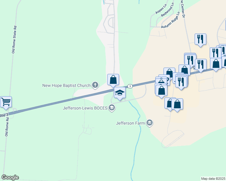 map of restaurants, bars, coffee shops, grocery stores, and more near 20104 New York 3 in Watertown