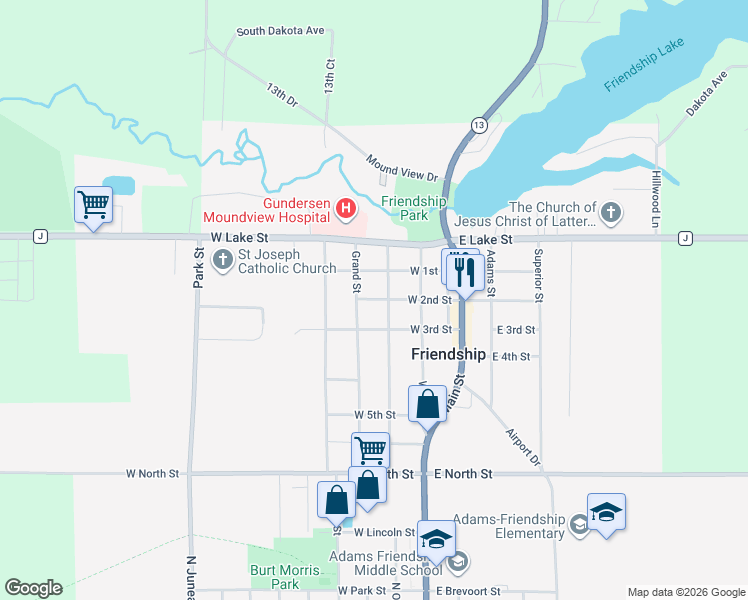 map of restaurants, bars, coffee shops, grocery stores, and more near 304 W 2nd St in Friendship