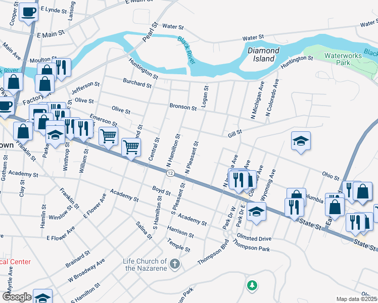 map of restaurants, bars, coffee shops, grocery stores, and more near 145 North Pleasant Street in Watertown