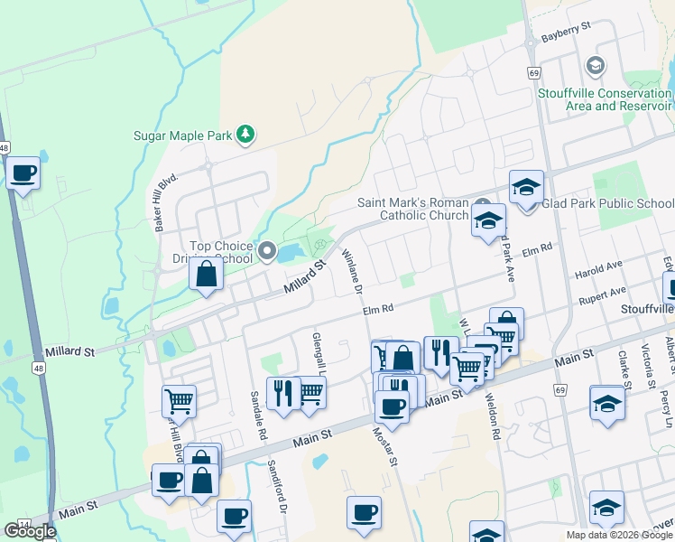 map of restaurants, bars, coffee shops, grocery stores, and more near 210 Winlane Drive in Whitchurch-Stouffville