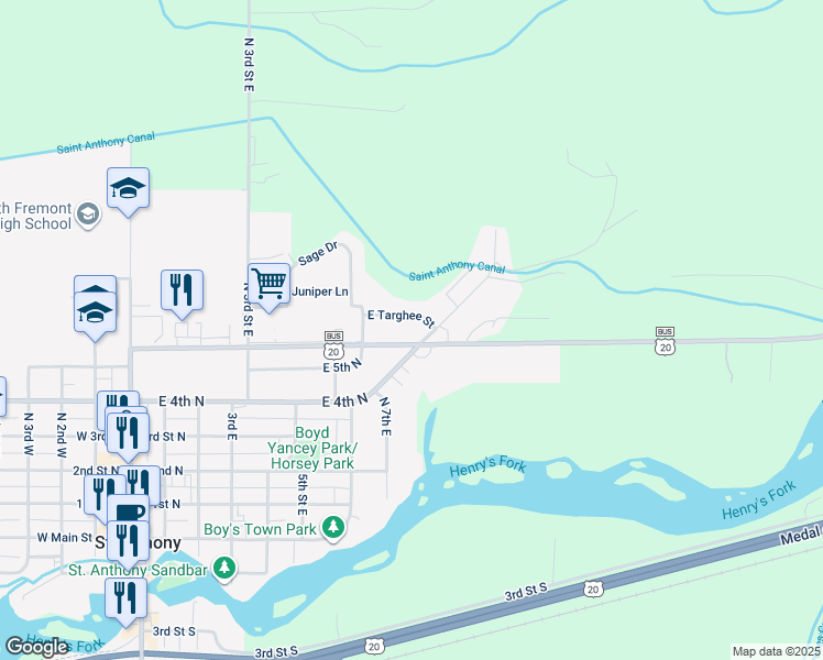 map of restaurants, bars, coffee shops, grocery stores, and more near 746-898 East Targhee Street in St. Anthony