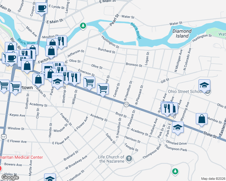 map of restaurants, bars, coffee shops, grocery stores, and more near 123 Central Street in Watertown