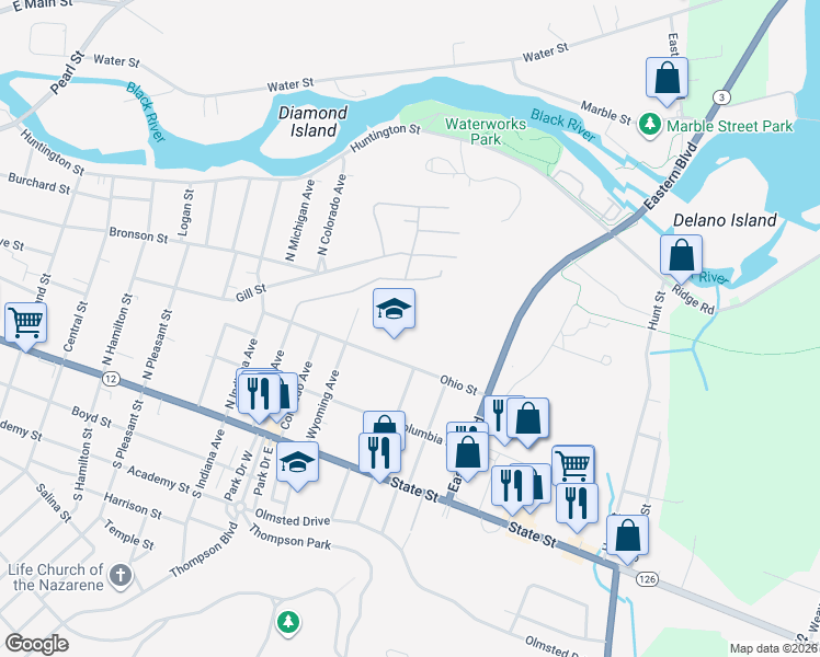 map of restaurants, bars, coffee shops, grocery stores, and more near 1537 Ohio Street in Watertown