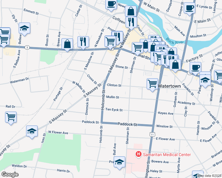 map of restaurants, bars, coffee shops, grocery stores, and more near 253 Clinton Street in Watertown
