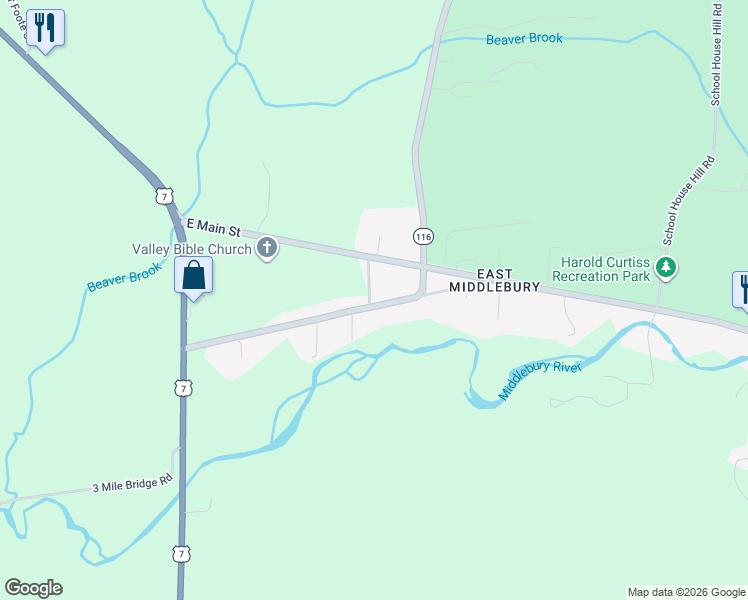 map of restaurants, bars, coffee shops, grocery stores, and more near 51 Route 116 in Middlebury