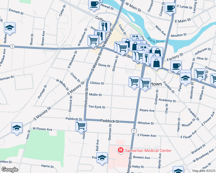 map of restaurants, bars, coffee shops, grocery stores, and more near 215 Clinton Street in Watertown