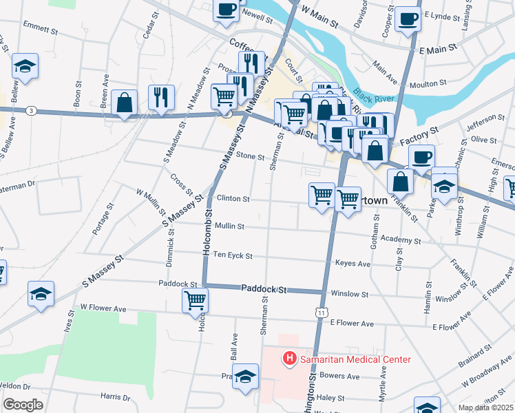 map of restaurants, bars, coffee shops, grocery stores, and more near 215 Clinton Street in Watertown
