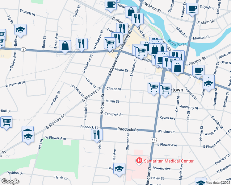 map of restaurants, bars, coffee shops, grocery stores, and more near 253 Clinton Street in Watertown