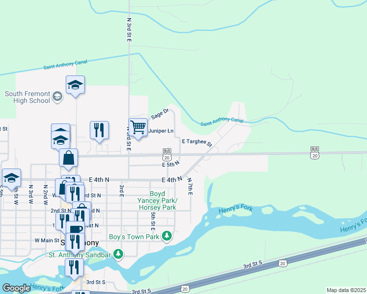 map of restaurants, bars, coffee shops, grocery stores, and more near 746 East Targhee Street in Saint Anthony
