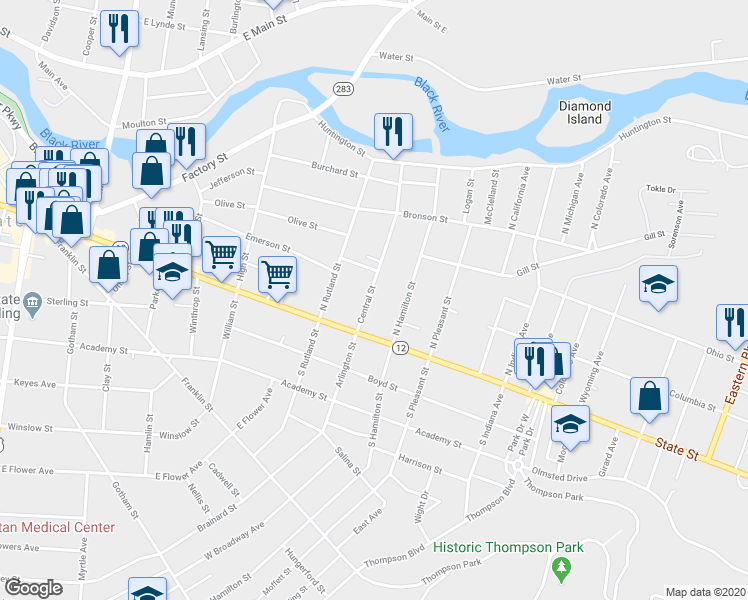 map of restaurants, bars, coffee shops, grocery stores, and more near 128 Central Street in Watertown