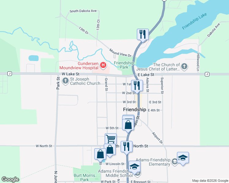map of restaurants, bars, coffee shops, grocery stores, and more near 304 West 2nd Street in Friendship