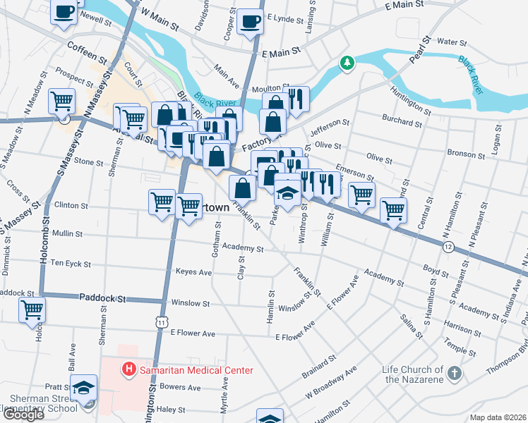 map of restaurants, bars, coffee shops, grocery stores, and more near 333 Sterling Street in Watertown