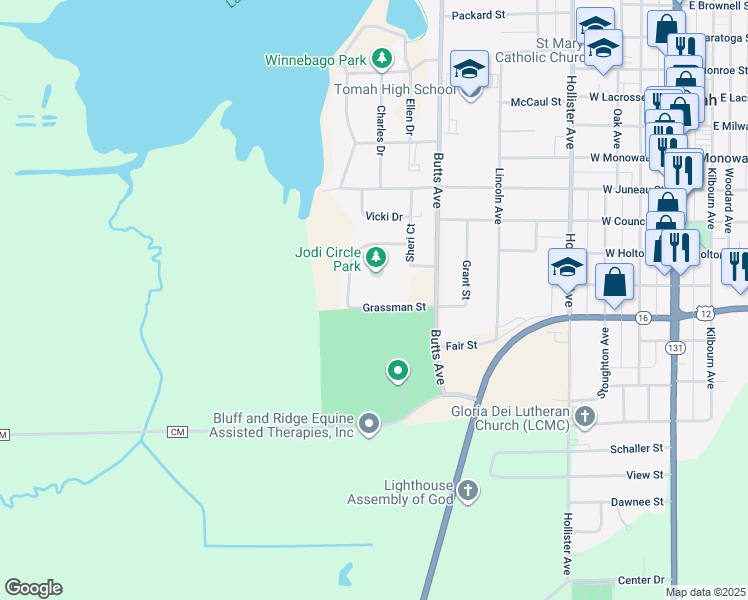 map of restaurants, bars, coffee shops, grocery stores, and more near 1001 Grassman Street in Tomah