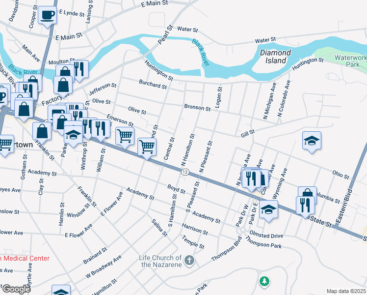map of restaurants, bars, coffee shops, grocery stores, and more near 139 North Hamilton Street in Watertown