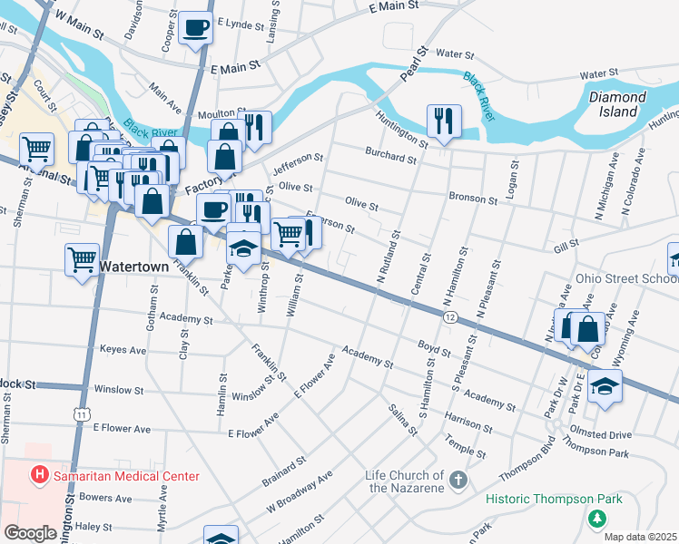 map of restaurants, bars, coffee shops, grocery stores, and more near 653 State Street in Watertown