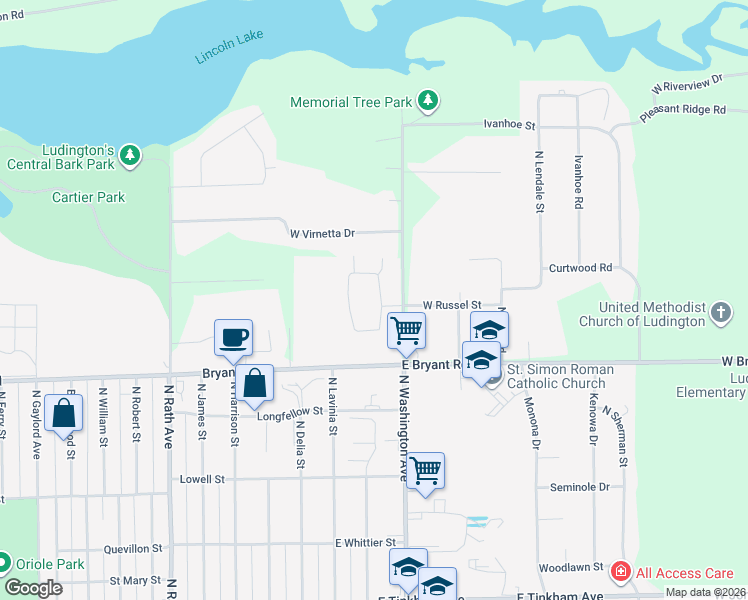 map of restaurants, bars, coffee shops, grocery stores, and more near 1251 Blue Heron Drive in Ludington