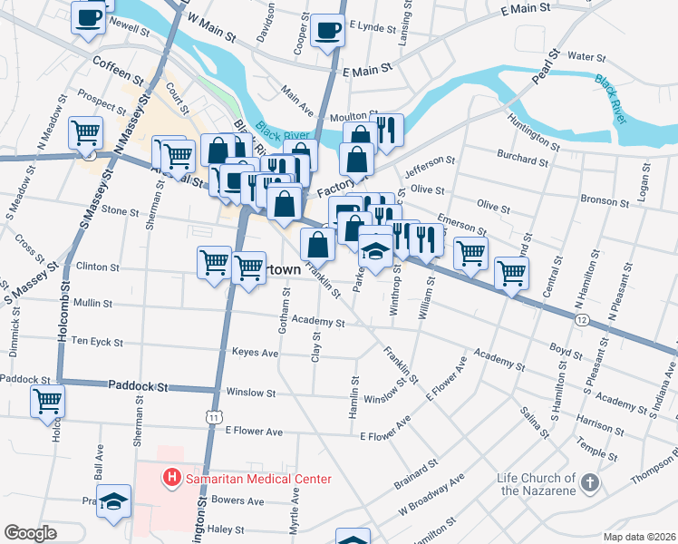 map of restaurants, bars, coffee shops, grocery stores, and more near 333 Sterling Street in Watertown