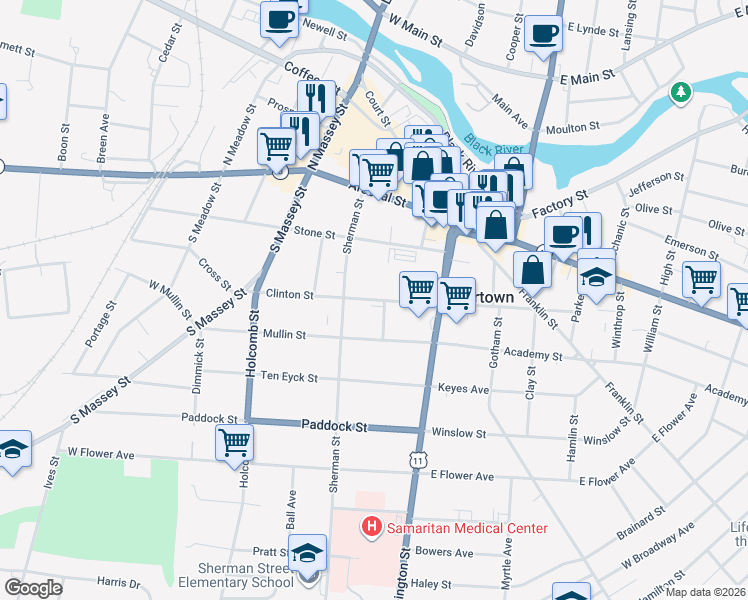 map of restaurants, bars, coffee shops, grocery stores, and more near 140 Clinton Street in Watertown
