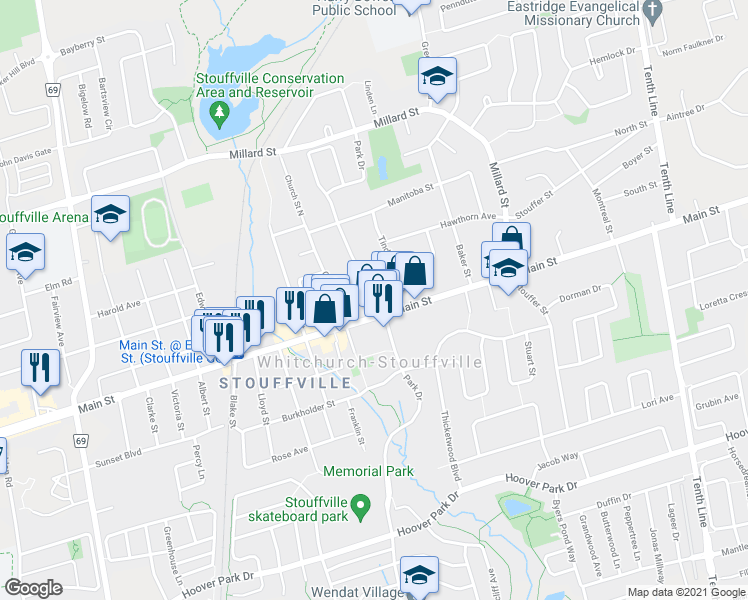 map of restaurants, bars, coffee shops, grocery stores, and more near 6372 Main Street in Whitchurch-Stouffville