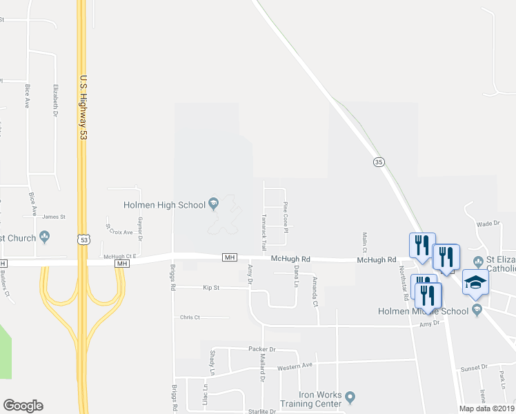 map of restaurants, bars, coffee shops, grocery stores, and more near 708 Tamarack Trail in Holmen