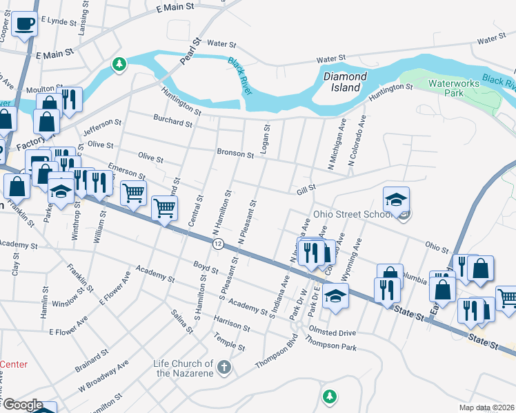 map of restaurants, bars, coffee shops, grocery stores, and more near 202 North Pleasant Street in Watertown