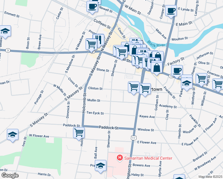 map of restaurants, bars, coffee shops, grocery stores, and more near Sherman Street & Clinton Street in Watertown