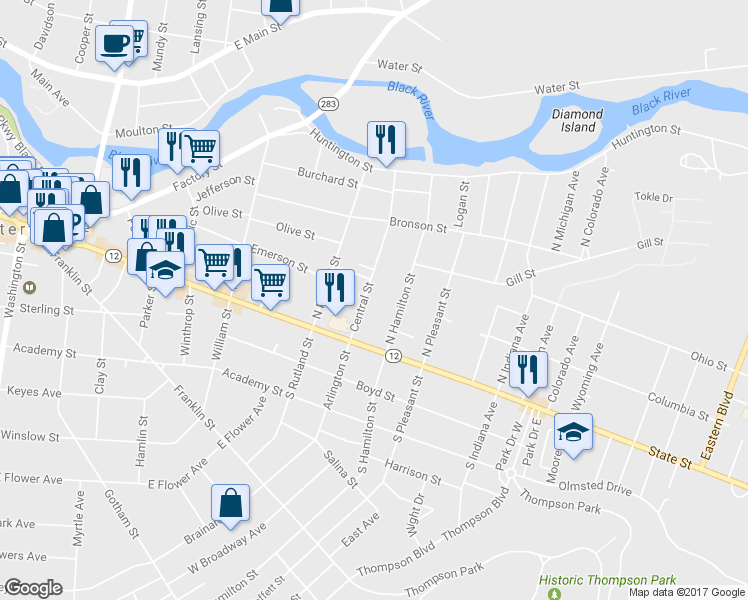 map of restaurants, bars, coffee shops, grocery stores, and more near 136 Central Street in Watertown
