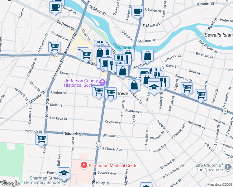 map of restaurants, bars, coffee shops, grocery stores, and more near in Watertown