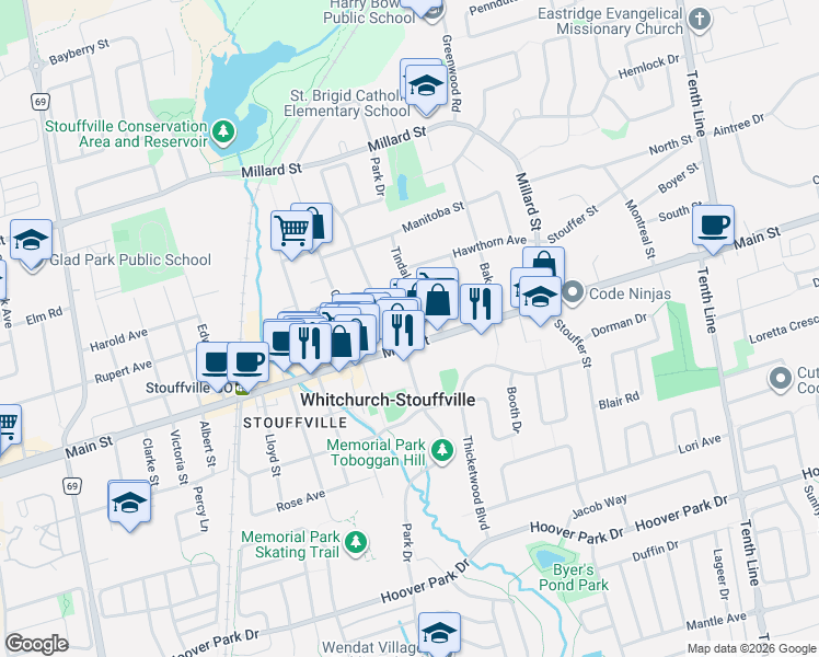 map of restaurants, bars, coffee shops, grocery stores, and more near 6388 Main Street in Whitchurch-Stouffville
