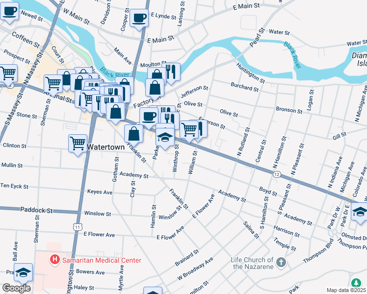 map of restaurants, bars, coffee shops, grocery stores, and more near 528 State Street in Watertown