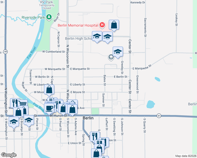 map of restaurants, bars, coffee shops, grocery stores, and more near 237 Bates Street in Berlin
