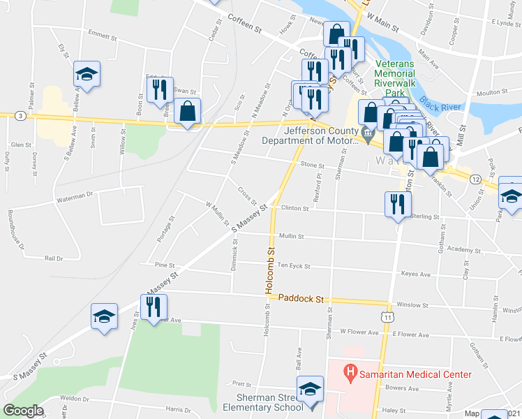 map of restaurants, bars, coffee shops, grocery stores, and more near Massey Street South & Cross Street in Watertown
