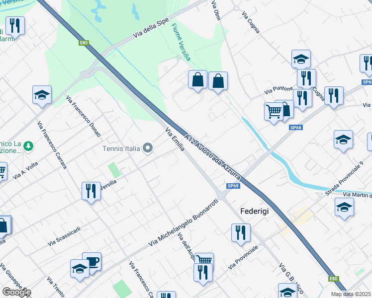 map of restaurants, bars, coffee shops, grocery stores, and more near 850c Via Emilia in Forte dei Marmi