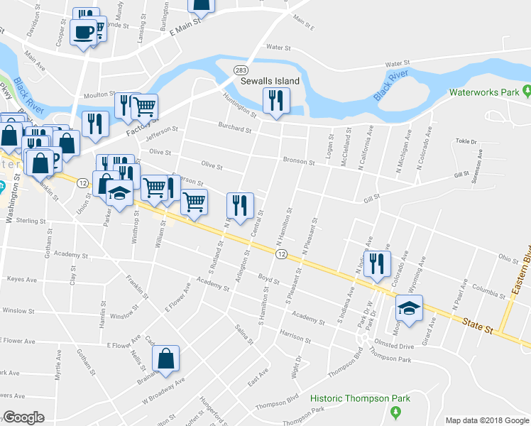 map of restaurants, bars, coffee shops, grocery stores, and more near 140 Central Street in Watertown